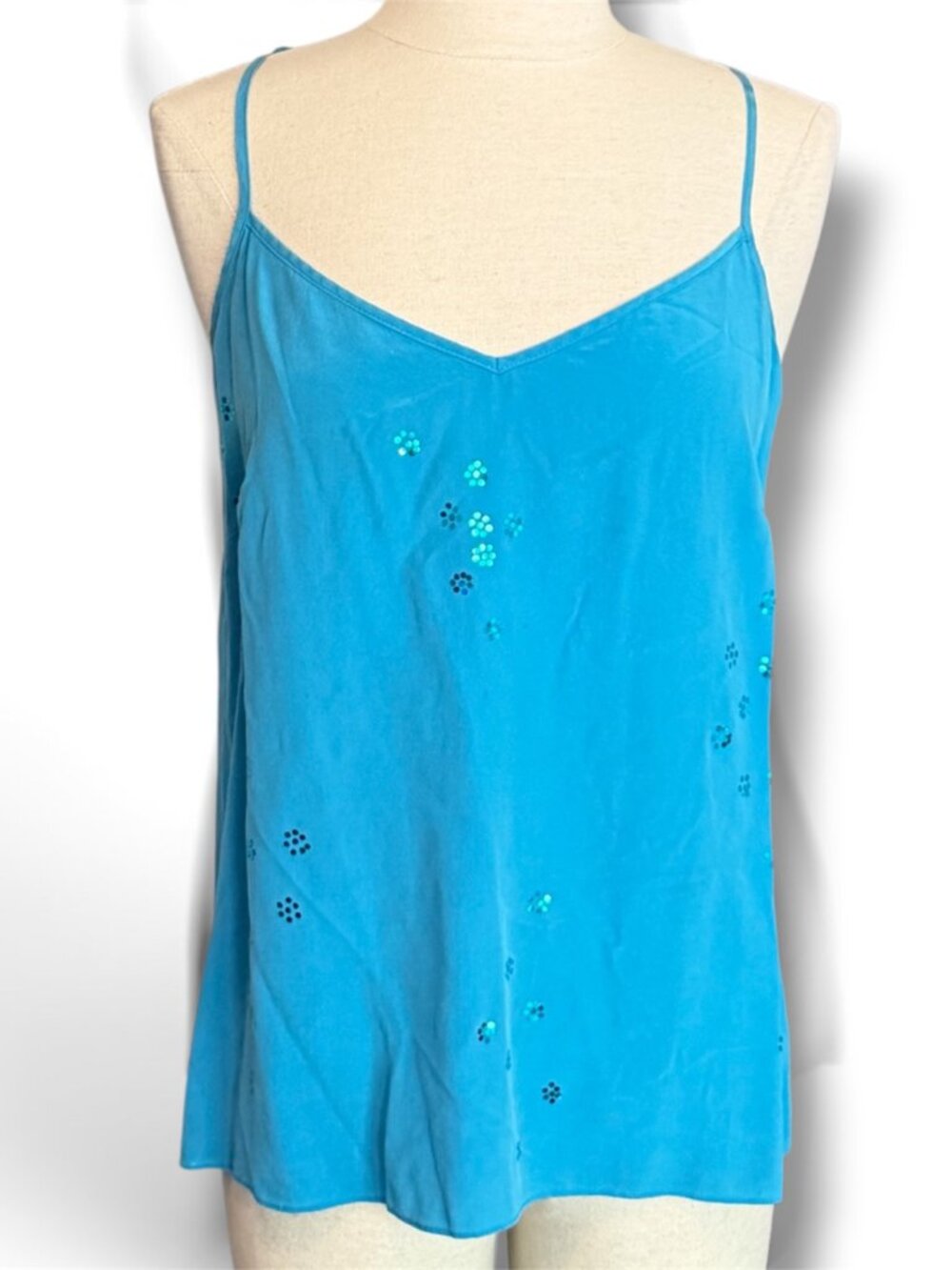 Upcycled Lilly Pulitzer 100% Silk Turquoise Blue Sequin Floral Camisole